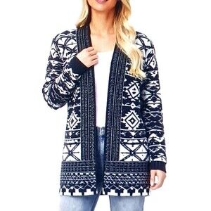 FRYE The Cozy Cardigan Sweater Blk/Ivory Southwest Knit Open Front Sz S